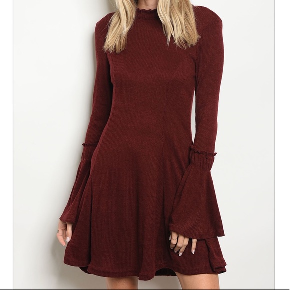 LAST Wine Ribbed Long Sleeve Dress - Picture 2 of 3